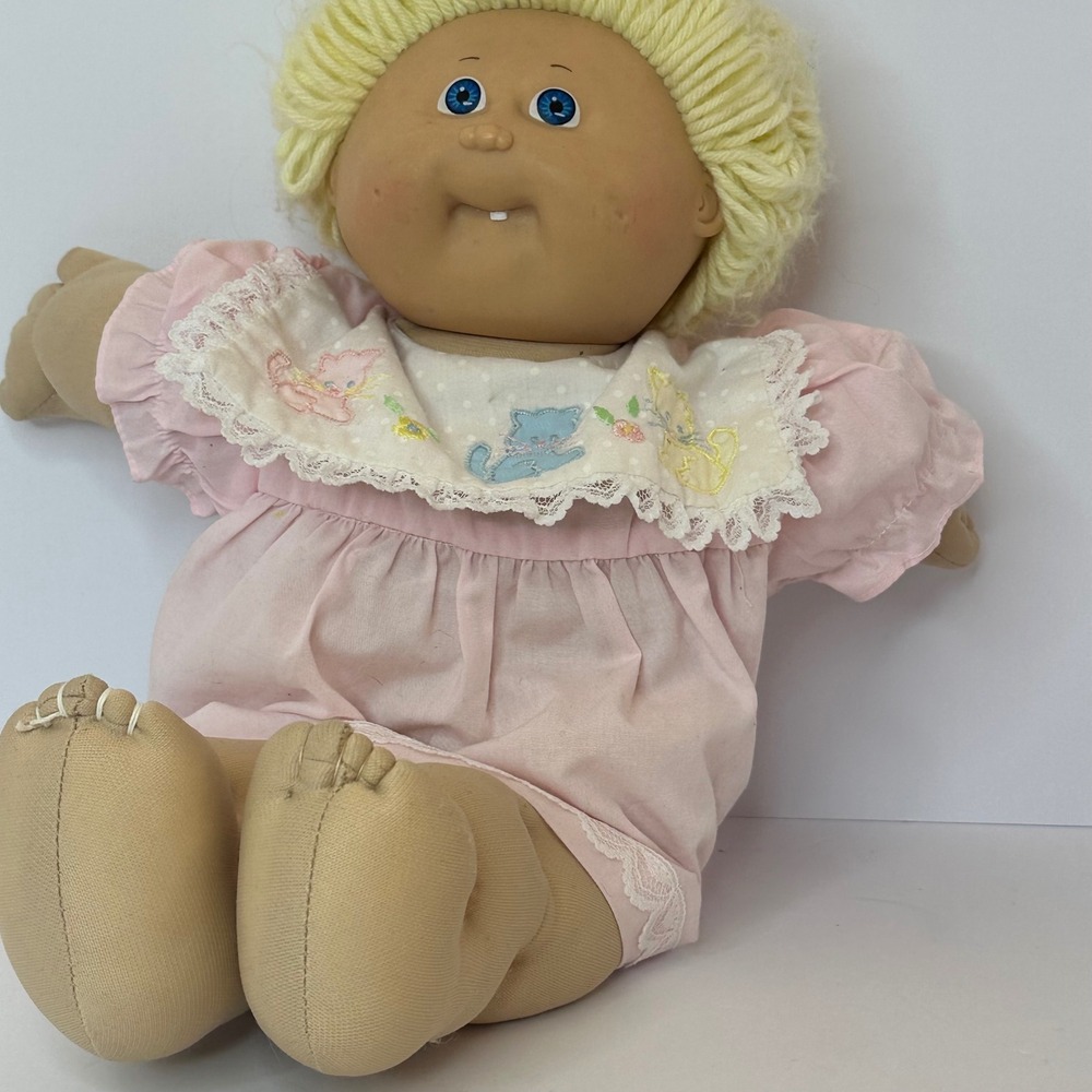 Vintage 1985 Cabbage Patch Kids Doll Blue Eyes Tooth Blonde Yarn Hair Pink Dress